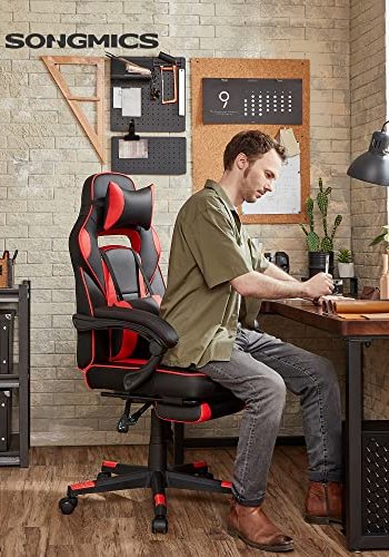 SONGMICS gamerstol, fodsttte, vippefunktion, nakkesttte, lndesttte, armln, hjul - sort/rd PU