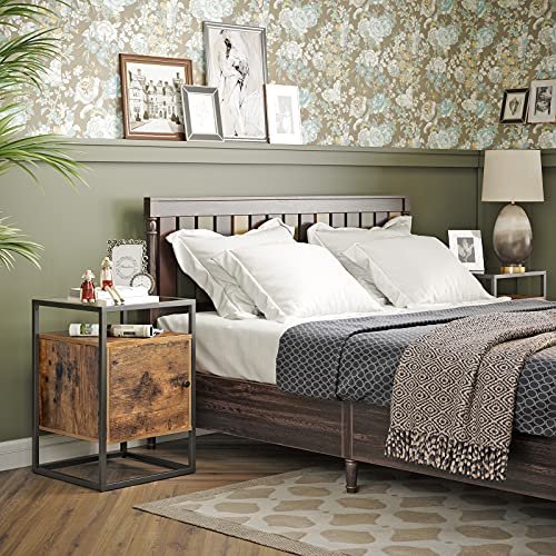 VASAGLE sengebord, m. 1 lge og 1 hylde - hrdet glas, rustik brun spnplade og sort jern (40x40)