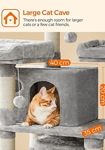 FEANDREA stor kradsetr, 5 niveauer, 3 platforme, 2 huler, 3 pomponer - lysegr plys