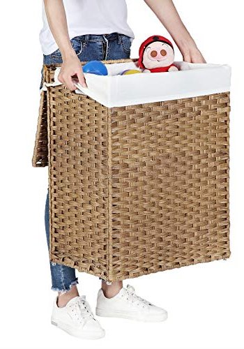 SONGMICS vasketjskurv, m. lg, hndtag, foldbar, aftagelig for - bomuld og natur polyrattan