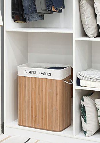 SONGMICS vasketjskurv, foldbar, m. 1 lg, 2 rum, aftagelig vaskepose - bomuld og natur bambus