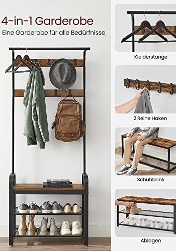 VASAGLE entréopstilling, m. 9 kroge, 1 bjlestang, 3 hylder - brun MDF og sort stl