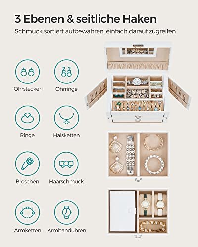 SONGMICS smykkeskrin, m. 2 skuffer, lsbart etui, spejl, transportabelt rejseetui - hvid kunstlder