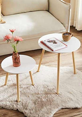 VASAGLE sidebord, rund - hvid MDF og natur fyrretr (st med 2)