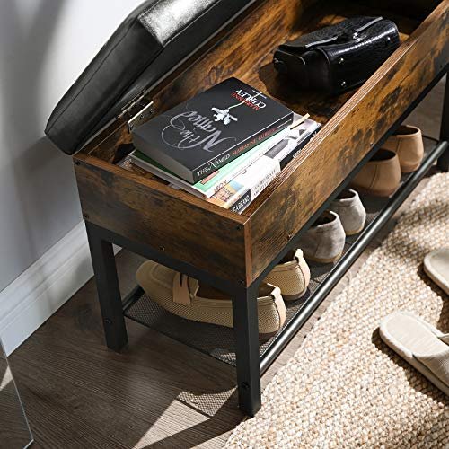 VASAGLE bnk, m. hynde, 1 rum, 1 meshhylde - sort kunstlder, brun spnplade og sort stl (70x30)