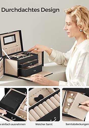 SONGMICS smykkeskrin, m. 2 skuffer, spejl, rejseetui - sort kunstlder