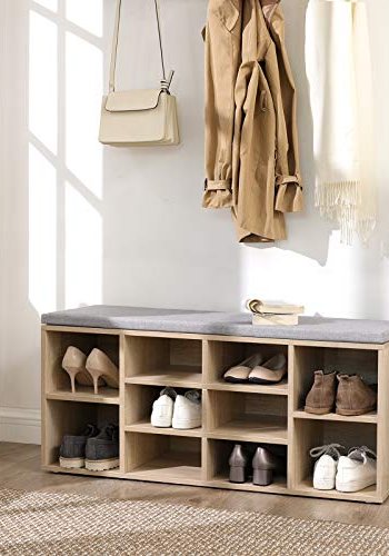 VASAGLE entrébnk, m. stofhynde og 10 rum til sko - naturfarvet spnplade (104x30)