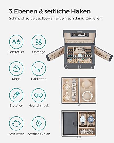 SONGMICS smykkeskrin, lsbar, m. 3 lag, rejseetui, 2 skuffer, spejl - gr PU