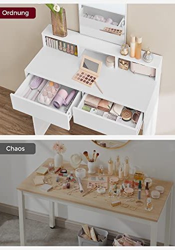 VASAGLE makeup bord, m. spejl, 2 skuffer, 3 rum - spejlglas og hvid melamin (80x40)