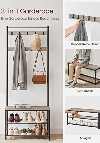 VASAGLE entréopstilling, m. 9 kroge, 3 hylder - greige spnplade og sort stl