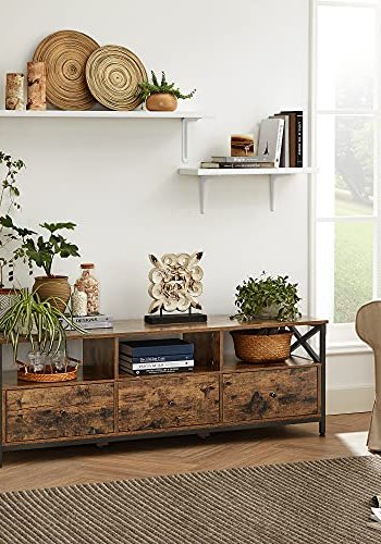 VASAGLE TV-bord, m. 3 bne rum og 3 skuffer - rustik brun spnplade og sort stl (147x40)