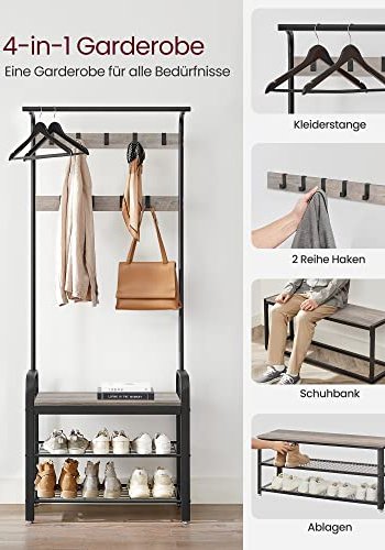 VASAGLE entréopstilling, m. 9 kroge, 1 bjlestang, 3 hylder - greige spnplade og sort stl