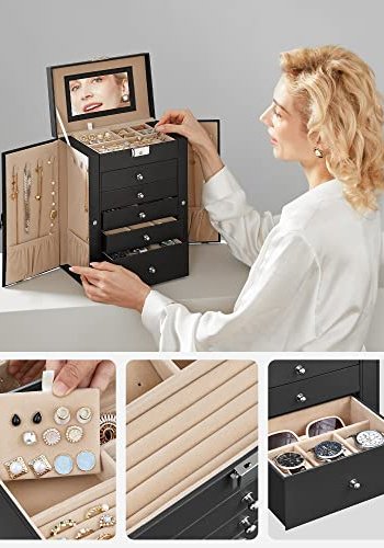 SONGMICS smykkeskrin, lsbar, m. 6 lag, 5 skuffer, spejl - sort MDF