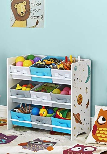 SONGMICS brnereol, m. 9 aftagelige sker - hvid, bl, gr stof og spnplade