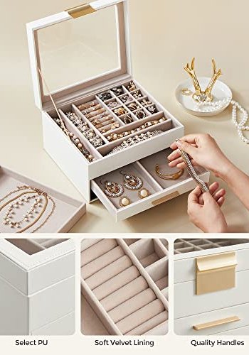 SONGMICS smykkeskrin, 3-lag, m. glaslg og 2 skuffer - guld og hvid kunstlder