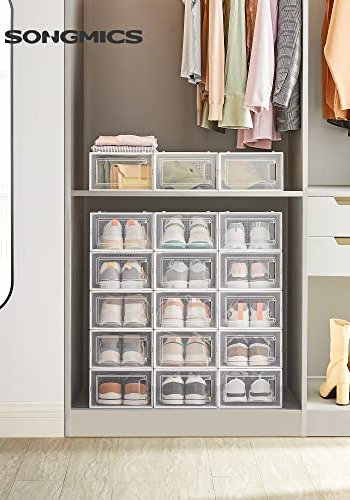 SONGMICS skoske, stabelbar, foldbar, passer op til UK strrelse 10.5 - klar/hvid plast (st med 18)