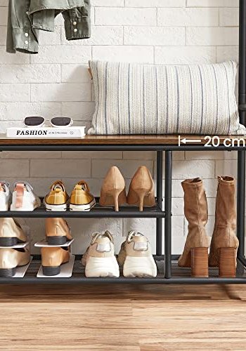 VASAGLE entréopstilling, m. 9 aftagelige knager, 1 sde, 3 hylder - brun spnplade og sort stl