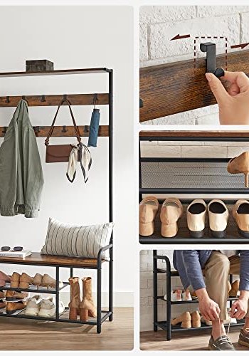 VASAGLE entréopstilling, m. 9 aftagelige knager, 1 sde, 3 hylder - brun spnplade og sort stl