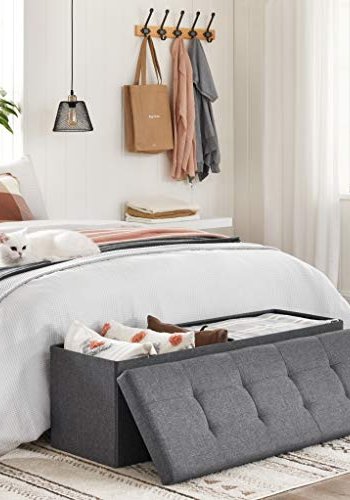 Songmics bnk, foldbar, m. lg og metalskillegitter - mrkegr imiteret linned (110x38)