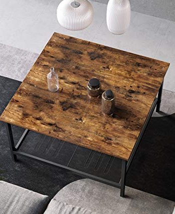 VASAGLE sofabord, m. 1 hylde, kvadratisk - rustik brun spnplade og sort stl (80x80)
