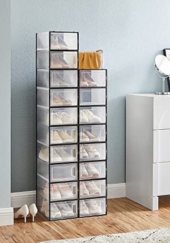 SONGMICS skoreol, stabelbar, foldbar, op til UK strrelse 10.5, m. 18 kasser - klar og sort plastik