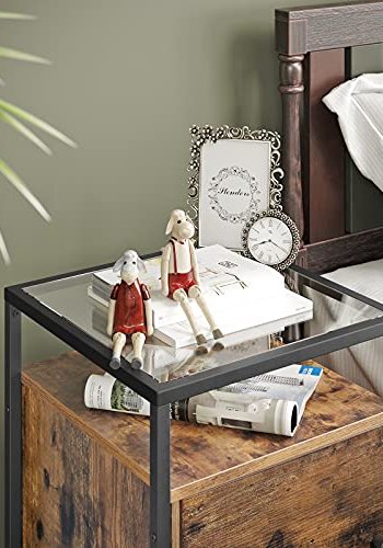 VASAGLE sengebord, m. 1 lge og 1 hylde - hrdet glas, rustik brun spnplade og sort jern (40x40)