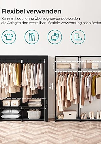 SONGMICS garderobeskab, sammenklappelig, m. 2 bjlestnger og 2 hylder - sort stof og metal