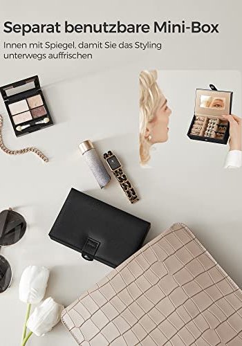 SONGMICS smykkeskrin, m. 2 skuffer, spejl, rejseetui - sort kunstlder