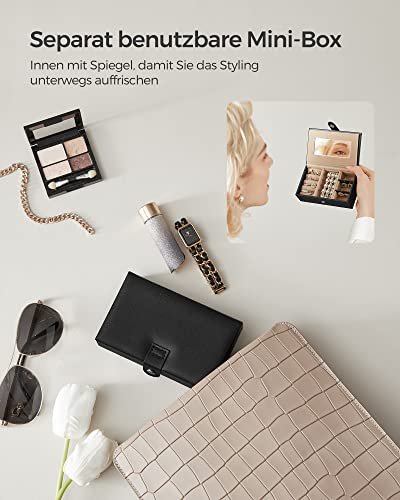 SONGMICS smykkeskrin, m. 2 skuffer, spejl, rejseetui - sort kunstlder