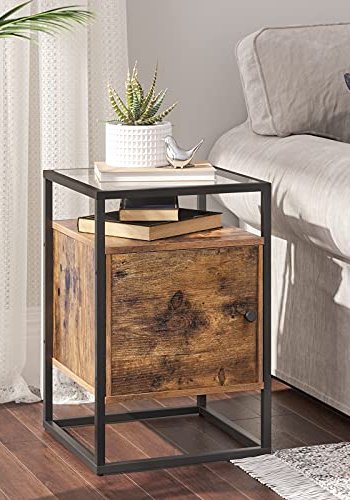 VASAGLE sengebord, m. 1 lge og 1 hylde - hrdet glas, rustik brun spnplade og sort jern (40x40)