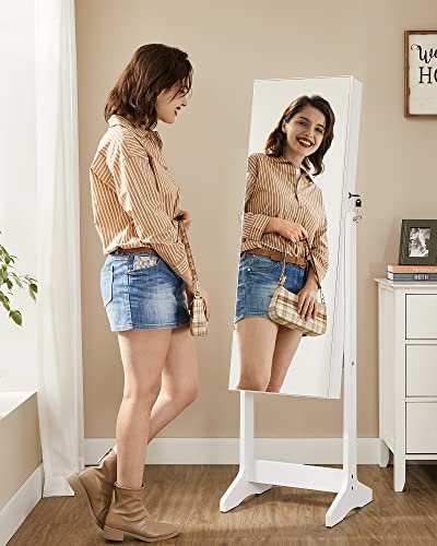 SONGMICS smykkeskab, lsbar, m. spejl, 2 plastikopbevaring til kosmetik - spejlglas og hvid MDF