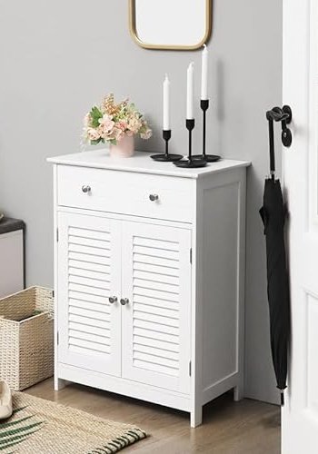 VASAGLE badevrelsesskab, m. 2 lamellger, 1 justerbar hylde og 1 skuffe - hvid MDF