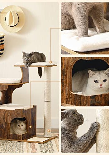 FEANDREA kradsetr, 3 niveauer, 3 platforme, 1 hule - hvid plys, sisal og rustik brun MDF