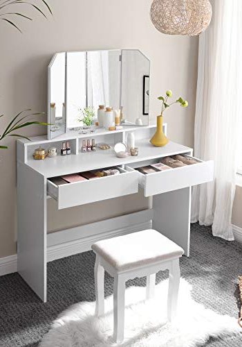 VASAGLE makeupbord, m. trefoldsspejl, 2 skuffer, 3 bne rum - spejlglas, hvid melaminfinér (100x40)