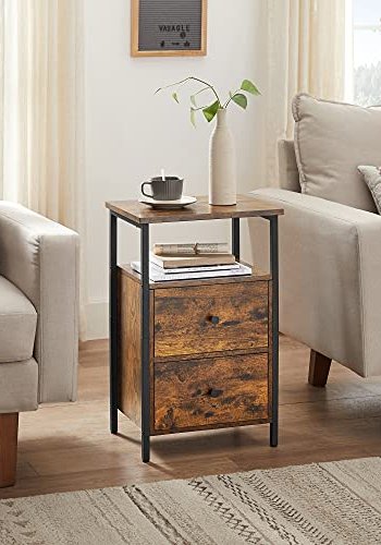 VASAGLE sengebord, m. 1 ben hylde og 2 skuffer - rustik brun spnplade og sort stl (38x28)