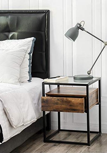 VASAGLE sidebord, m. hylde og skuffe - klar glas, rustik brun spnplade og sort jern (43x43)