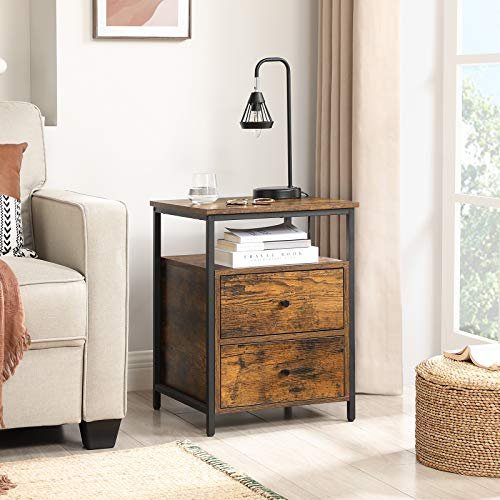 VASAGLE sengebord, m. 2 skuffer, kvadratisk - rustik brun spnplade og sort stl (45x45)