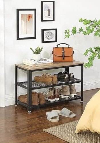 VASAGLE bnk, m. 2 skohylder - greige spnplade og sort stl (73x30)