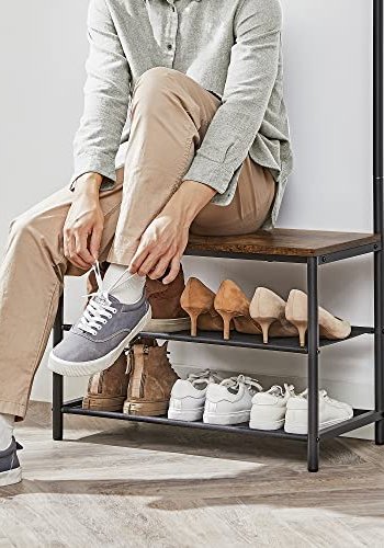 VASAGLE entréopstilling, m.  9 knager, bnk, bjlestang, 2 hylder, brun spnplade og sort stl