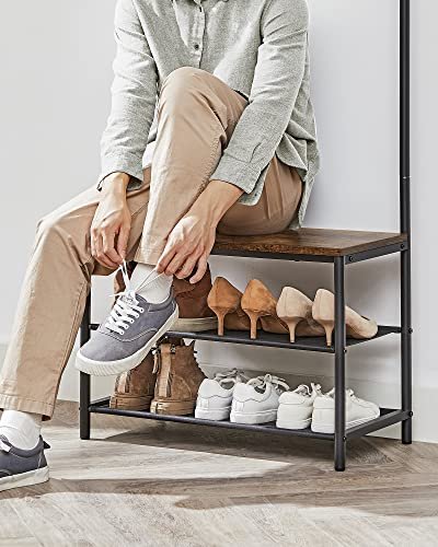 VASAGLE entréopstilling, m.  9 knager, bnk, bjlestang, 2 hylder, brun spnplade og sort stl