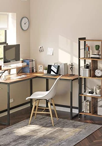 VASAGLE hjrneskrivebord, m. skrmstativ - rustik brun spnplade og sort stl (140x130)