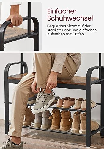 VASAGLE entréopstilling, m. 9 knager, 1 bjlestang, 1 sde, 2 hylder - brun spnplade og sort stl