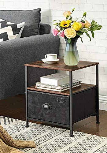 SONGMICS sengebord, m. 2 hylder og 1 skuffe - rustik brun MDF og sort imiteret ruskind/metal (41x41)