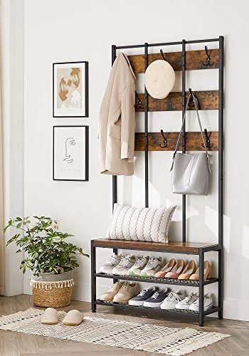 VASAGLE entréopstilling, m. 8 dobbelte knager, 1 sde og 2 mesh-hylder - brun spnplade og sort stl