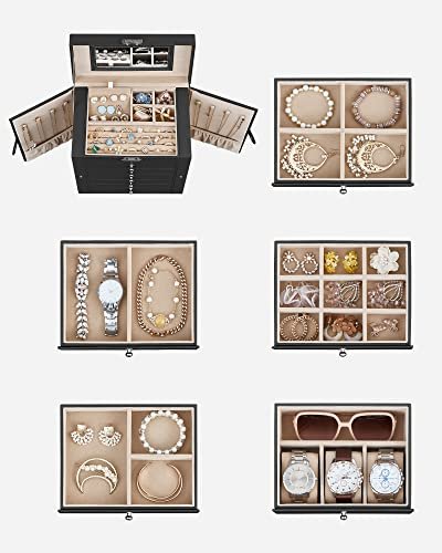 SONGMICS smykkeskrin, lsbar, m. 6 lag, 5 skuffer, spejl - sort MDF