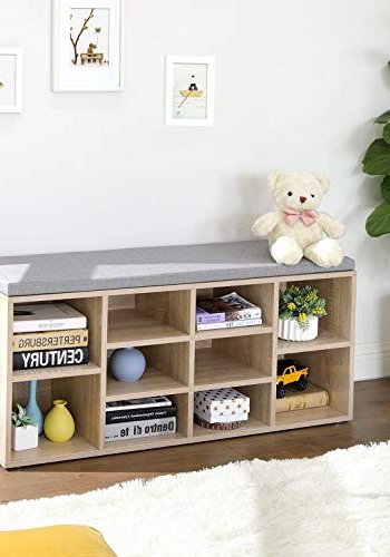 VASAGLE entrébnk, m. stofhynde og 10 rum til sko - naturfarvet spnplade (104x30)