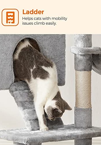 FEANDREA kradsetr, 6 niveauer, 2 platforme, 1 kurv, 1 hule, 2 pomponer - lysegr plys