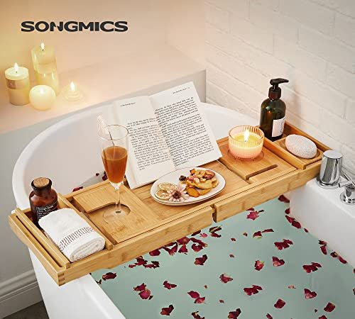 SONGMICS badekarsbakke, udtrkkelig, m. drikkeholder, bogsttte, sbeholder - natur bambus