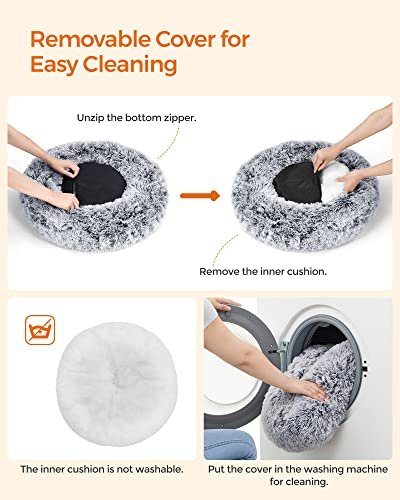 FEANDREA doughnut hundeseng, rund, m. aftageligt vaskbart betrk - lang gr plys (60)