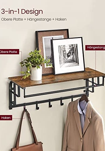VASAGLE hattehylde, m. bjlestang og 5 aftagelige kroge - rustik brun spnplade og sort stl